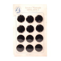 Card (12) Antique Czech black faceted glass buttons 27mm "Derniere Nouveaute" 