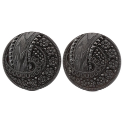 Lot (2) Antique Victorian Czech lacy floral black glass buttons 32mm