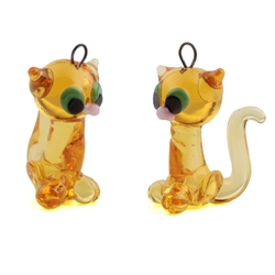 Lot (2) Czech lampwork glass amber topaz cat earring beads