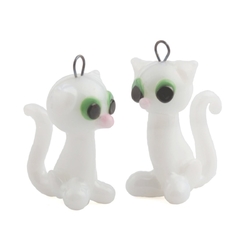 Lot (2) Czech lampwork white glass cat earring beads
