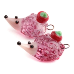 Lot (2) Czech lampwork cranberry pink glass hedgehog earring beads