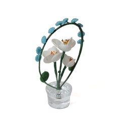 Vintage Czech lampwork glass miniature white flowers in glass pot ornament blue bead arch
