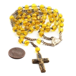 Vintage 5 decade religious rosary crucifix amber topaz Czech glass beads