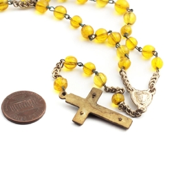 Vintage 5 decade religious rosary crucifix amber topaz Czech glass beads