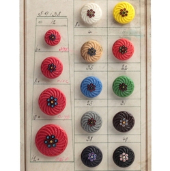 Sample card (14) Czech vintage 1930's hand painted glass flower buttons
