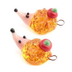 Lot (2) Czech lampwork amber topaz glass hedgehog earring beads