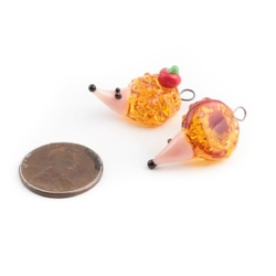 Lot (2) Czech lampwork amber topaz glass hedgehog earring beads