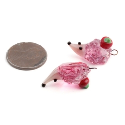Lot (2) Czech lampwork cranberry pink glass hedgehog earring beads