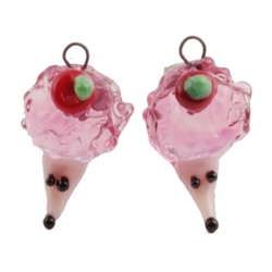 Lot (2) Czech lampwork cranberry pink glass hedgehog earring beads