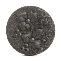 Antique Victorian Czech lacy floral marcasite black glass button 23mm