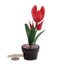 Vintage Czech miniature lampwork glass red tulip flower in amethyst plant pot ornament