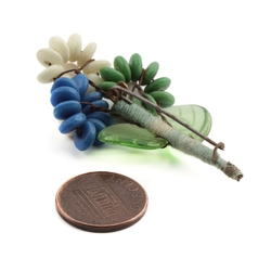 Vintage Czech flower bouquet leaf pin brooch blue green UV glow rondelle glass beads