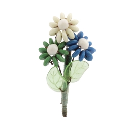 Vintage Czech flower bouquet leaf pin brooch blue green UV glow rondelle glass beads