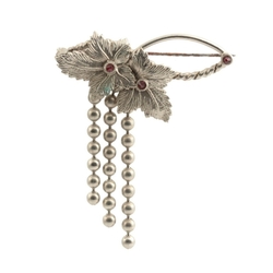 Vintage Czech silver metal leaves ruby rhinestone tassle pin brooch