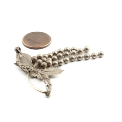 Vintage Czech silver metal leaves ruby rhinestone tassle pin brooch