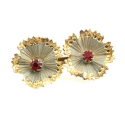 Vintage Czech gold tone stamped metal red rhinestone flower pin brooch