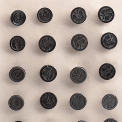 Card (24) antique Victorian Czech butterfly horseshoe dimi black glass buttons 11/12mm