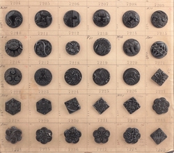 1900's sample card (58) Czech antique Victorian geometric floral jet black lacy glass buttons