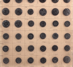 1900's sample card (59) Czech antique Victorian geometric floral jet black lacy marcasite glass buttons