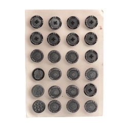 Card (24) antique Victorian Czech black glass buttons geometric fruit 4 leaf clover 16mm