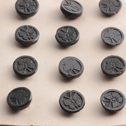 Card (24) antique Victorian Czech butterfly horseshoe dimi black glass buttons 11/12mm