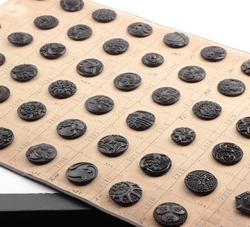 1900's sample card (58) Czech antique Victorian geometric floral jet black lacy glass buttons