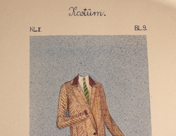 Antique Art Deco hand drawn and colored ladies two piece tweed suit fashion design sketch