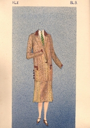 Antique Art Deco hand drawn and colored ladies two piece tweed suit fashion design sketch