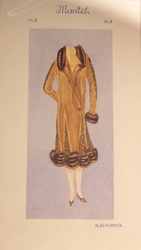 Antique Art Deco hand drawn and colored ladies fur fringed overcoat fashion design sketch