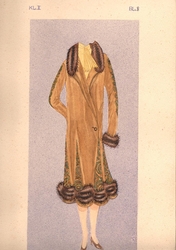 Antique Art Deco hand drawn and colored ladies fur fringed overcoat fashion design sketch