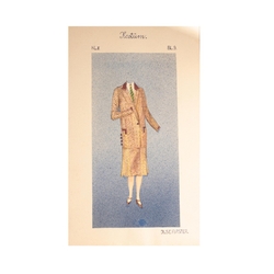 Antique Art Deco hand drawn and colored ladies two piece tweed suit fashion design sketch