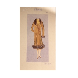 Antique Art Deco hand drawn and colored ladies fur fringed overcoat fashion design sketch