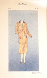 Antique Art Deco hand drawn and colored ladies two piece tweed suit fashion design sketch