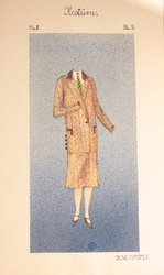 Antique Art Deco hand drawn and colored ladies two piece tweed suit fashion design sketch