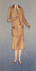 Antique Art Deco hand drawn and colored ladies two piece tweed suit fashion design sketch