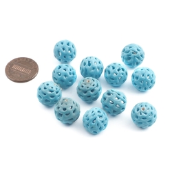 Lot (12) Antique Czech lace spun pierced blue lampwork glass beads 13mm