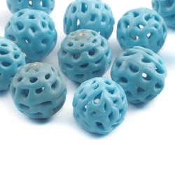 Lot (12) Antique Czech lace spun pierced blue lampwork glass beads 13mm