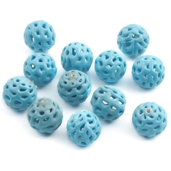Lot (12) Antique Czech lace spun pierced blue lampwork glass beads 13mm
