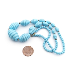 Vintage Czech Art Deco necklace rare blue oval ribbed glass beads
