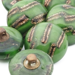 Antique Czech micro lampwork aventurine gold green satin cased round glass button 10mm