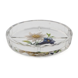 Art Deco Czech crystal glass dish intaglio painted Gentian Edelweiss flowers by Heinrich Hoffmann