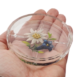 Art Deco Czech crystal glass dish intaglio painted Gentian Edelweiss flowers by Heinrich Hoffmann