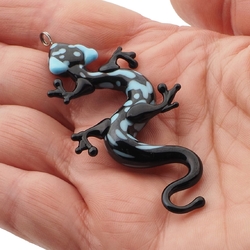 Czech lampwork blue black bicolor glass newt pendant bead