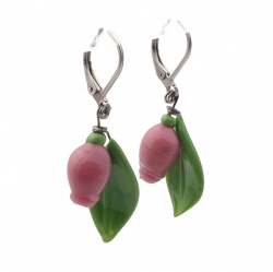 Pair Czech lampwork pink berry green leaf glass bead earrings