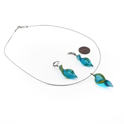 Czech lampwork blue bicolor twist glass bead necklace earring set