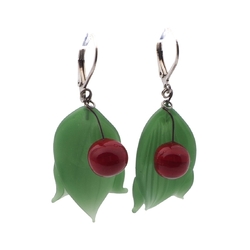 Pair Czech lampwork red berry green leaf glass bead earrings