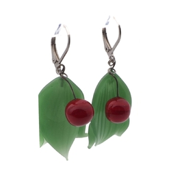 Pair Czech lampwork red berry green leaf glass bead earrings