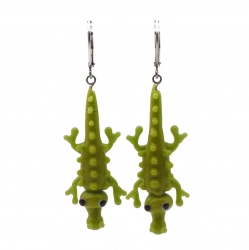 Pair Czech lampwork green crocodile glass bead earrings