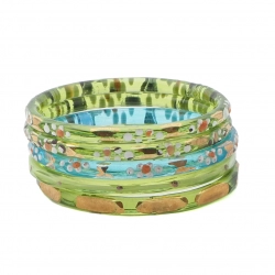 Lot (5) Antique Czech gold gilt enamel green blue faceted glass bangles 1.75"