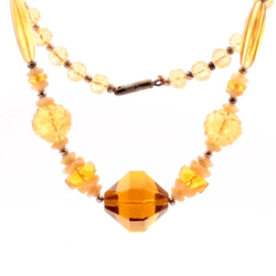 Vintage Art Deco Czech necklace topaz faceted carved flower glass beads